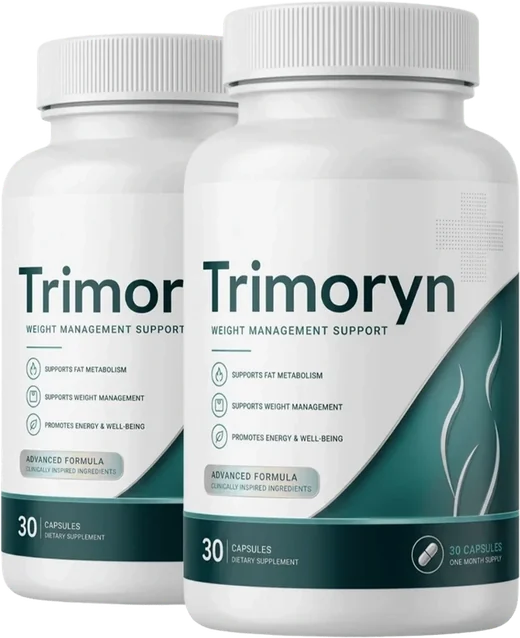 Two white Trimoryn capsule bottles with white and deep-green labels reading Weight Management Support