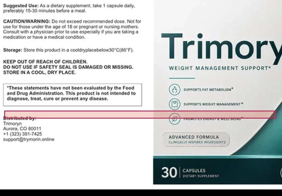 Close crop of the Trimoryn Supplement Facts panel with the line for berberine