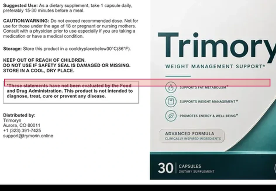 The Trimoryn Supplement Facts panel with the cinnamon bark extract line highlighted