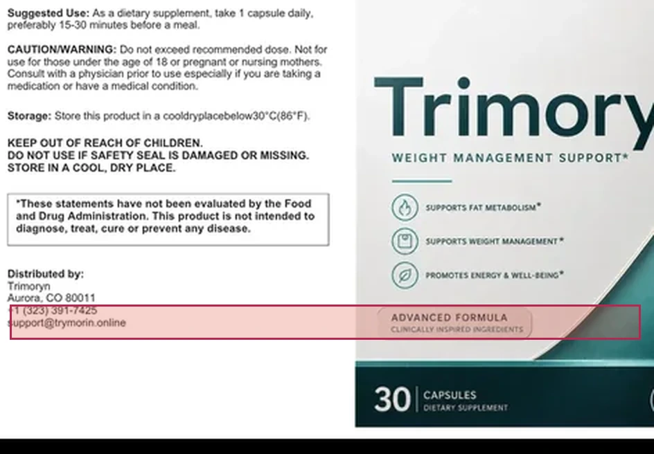Close crop of the Trimoryn Supplement Facts panel with the line for the two probiotics