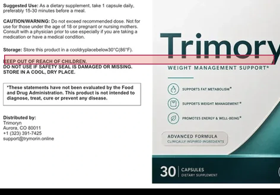 The Trimoryn Supplement Facts panel with the riboflavin (vitamin B2) line highlighted