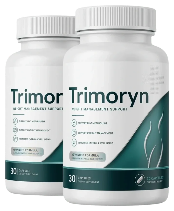 2 white Trimoryn capsule bottles with the white and deep-green label