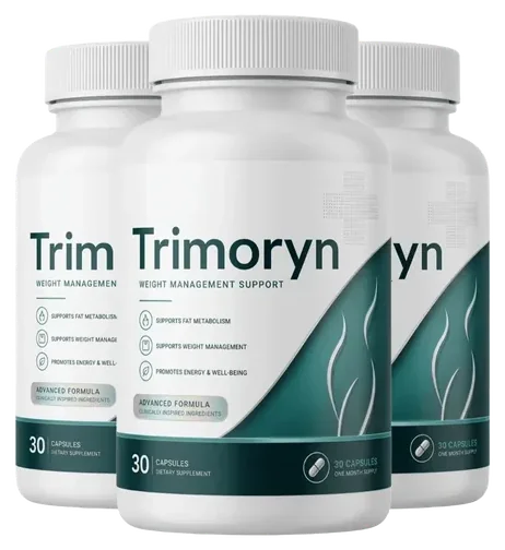 3 white Trimoryn capsule bottles with the white and deep-green label