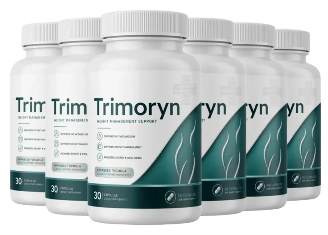 6 white Trimoryn capsule bottles with the white and deep-green label